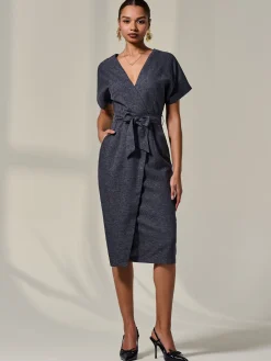 Jolie Moi Occasion Dresses|Wrap Dresses-Short Sleeve Tie Waist Midi Dress, Dark Grey