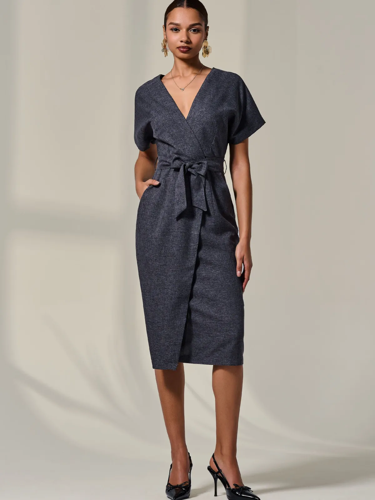 Jolie Moi Occasion Dresses|Wrap Dresses-Short Sleeve Tie Waist Midi Dress, Dark Grey