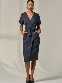 Jolie Moi Occasion Dresses|Wrap Dresses-Short Sleeve Tie Waist Midi Dress, Dark Grey