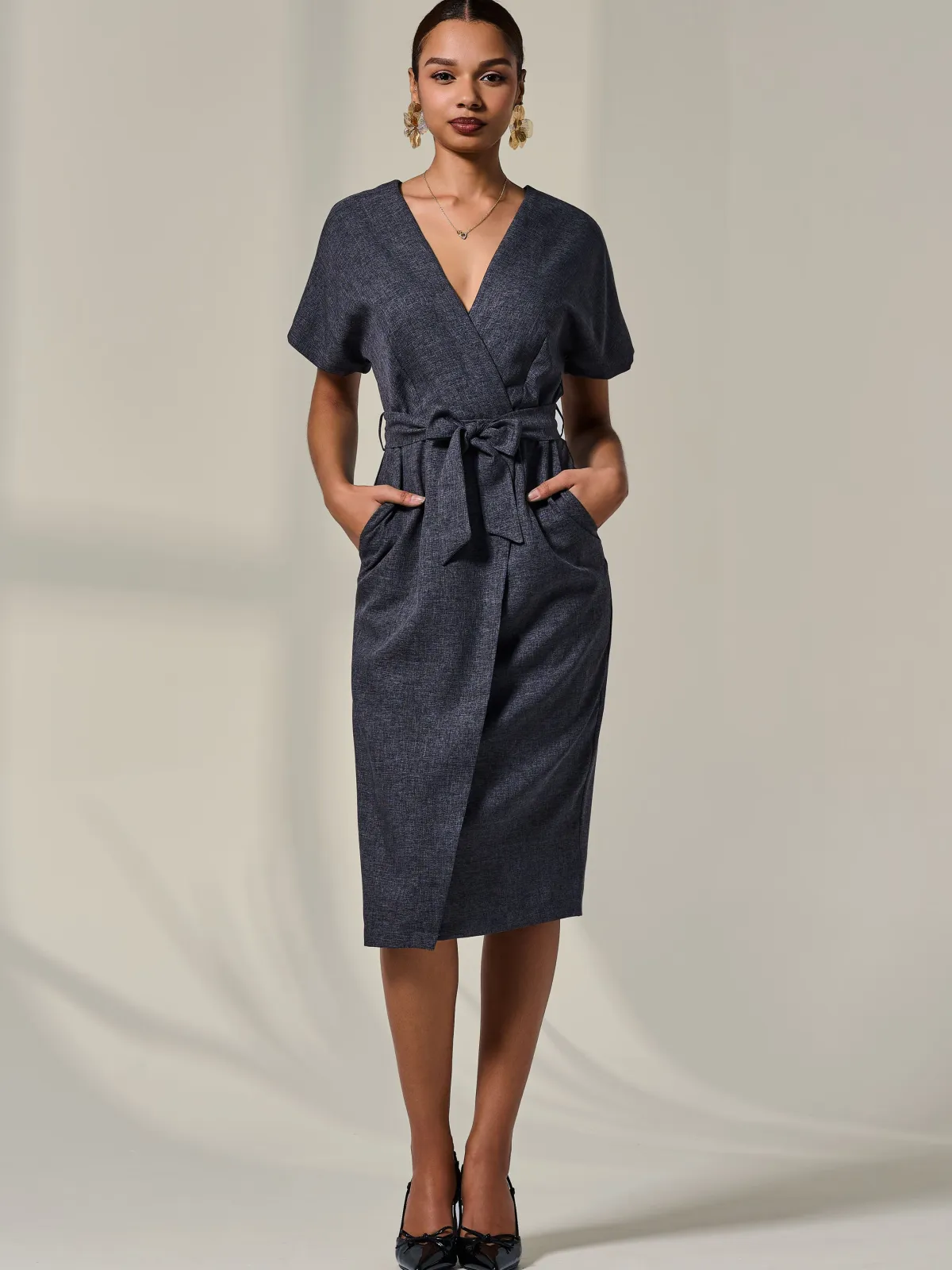 Jolie Moi Occasion Dresses|Wrap Dresses-Short Sleeve Tie Waist Midi Dress, Dark Grey