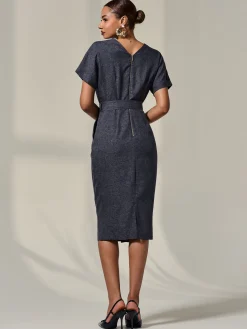 Jolie Moi Occasion Dresses|Wrap Dresses-Short Sleeve Tie Waist Midi Dress, Dark Grey