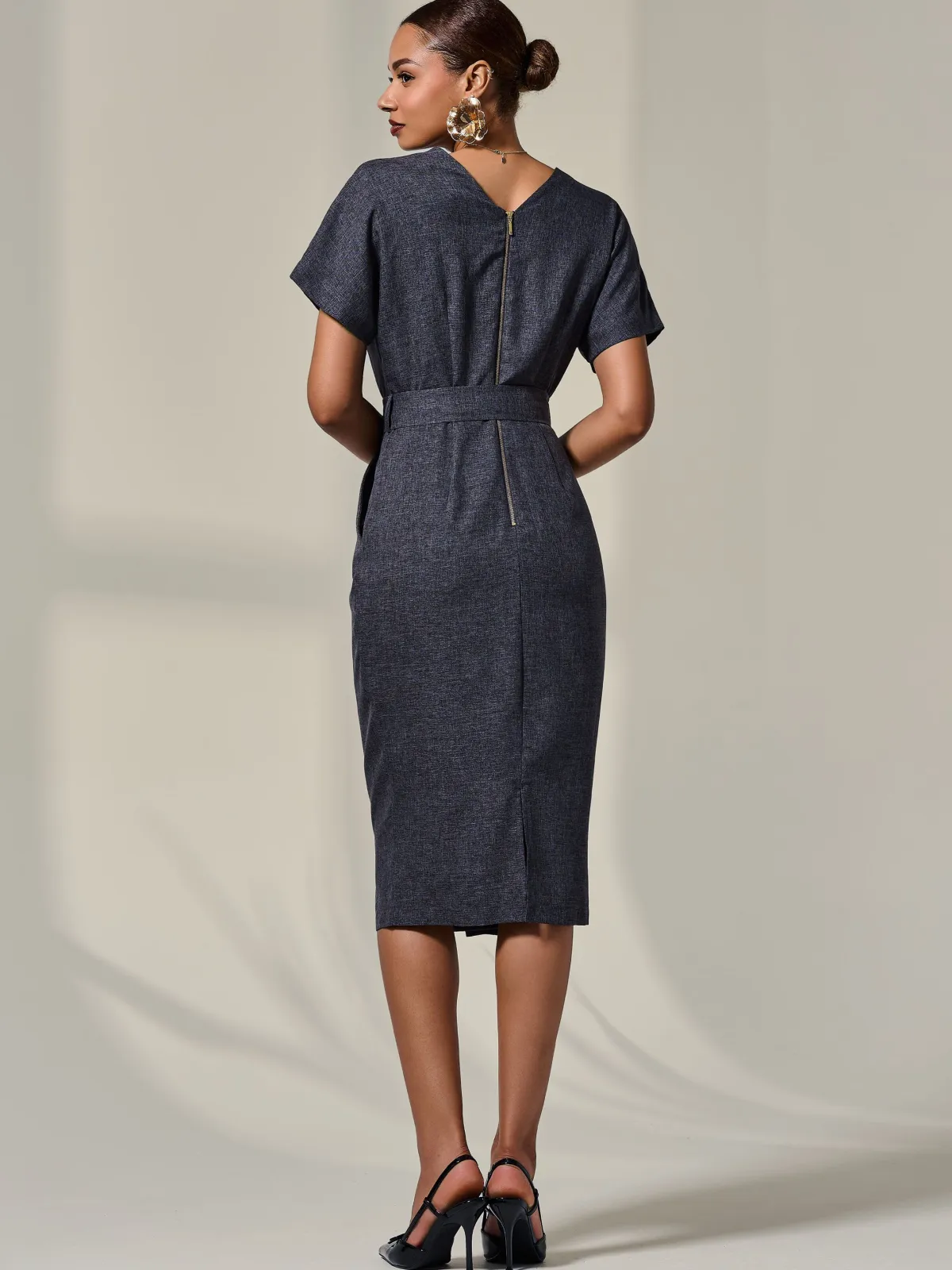 Jolie Moi Occasion Dresses|Wrap Dresses-Short Sleeve Tie Waist Midi Dress, Dark Grey