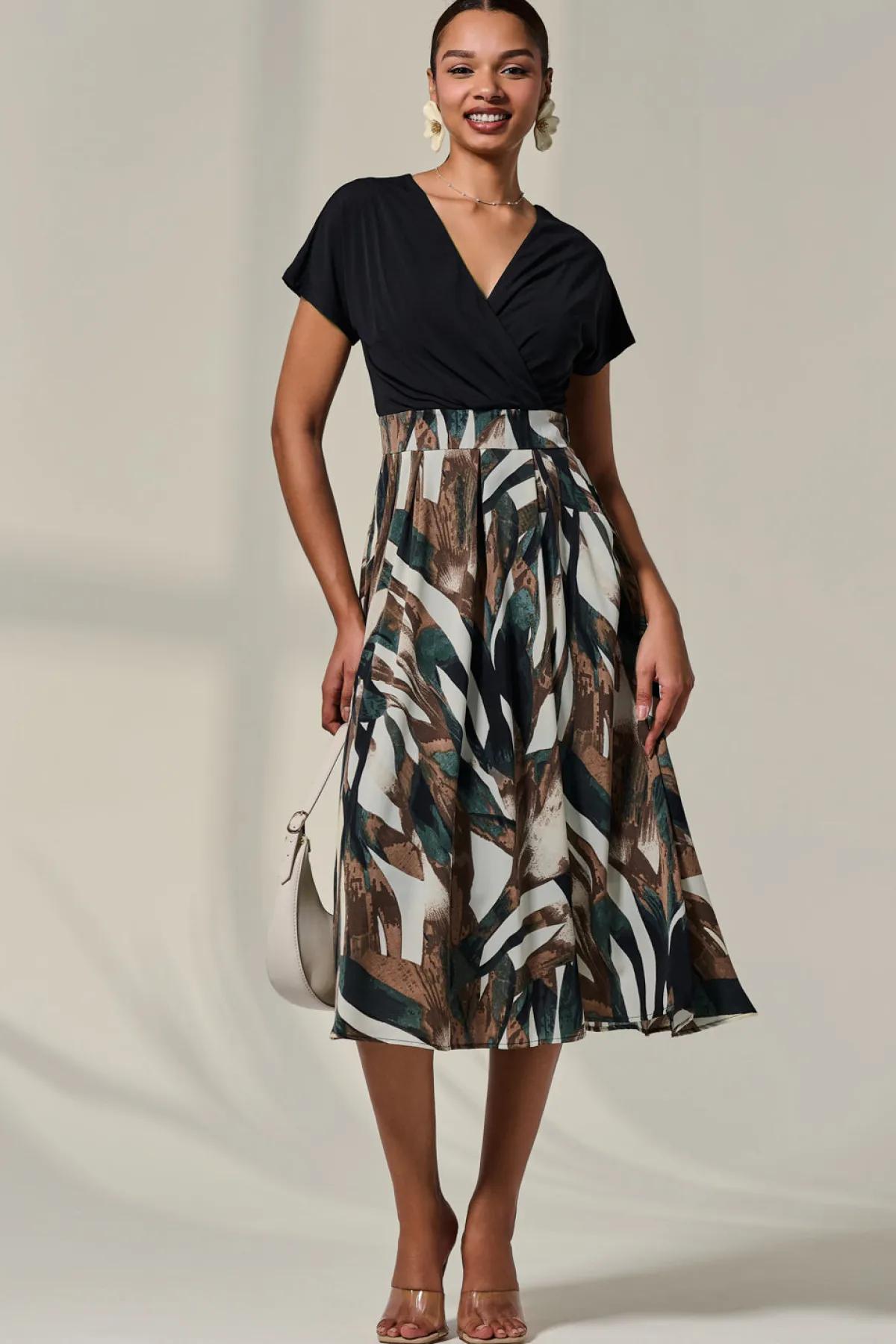 Jolie Moi Occasion Dresses|Wrap Dresses-Short Sleeve Two Tone Midaxi Dress, Black Abstract