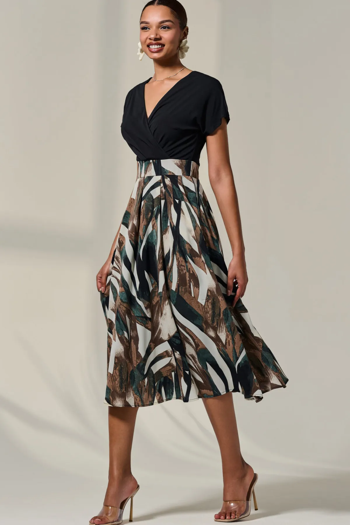 Jolie Moi Occasion Dresses|Wrap Dresses-Short Sleeve Two Tone Midaxi Dress, Black Abstract