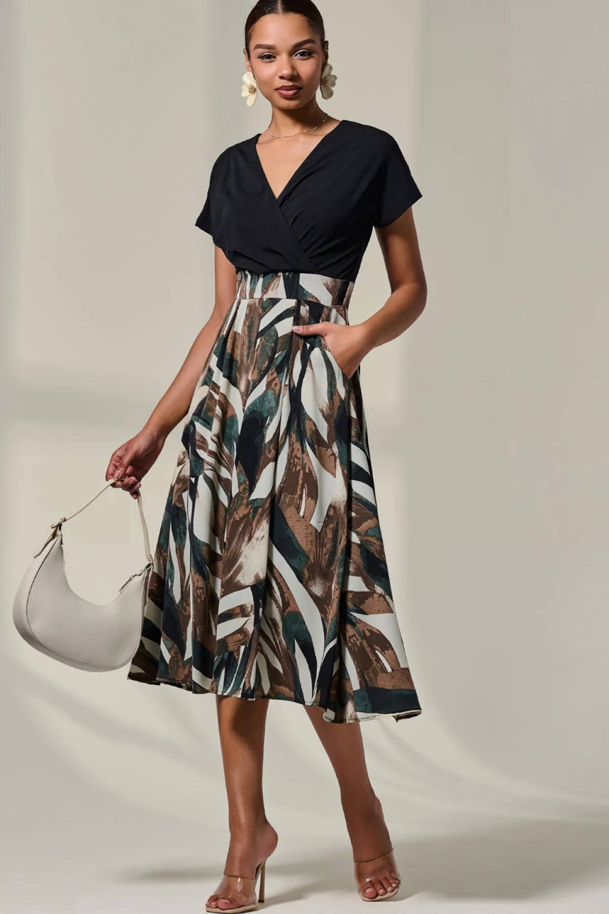 Jolie Moi Occasion Dresses|Wrap Dresses-Short Sleeve Two Tone Midaxi Dress, Black Abstract