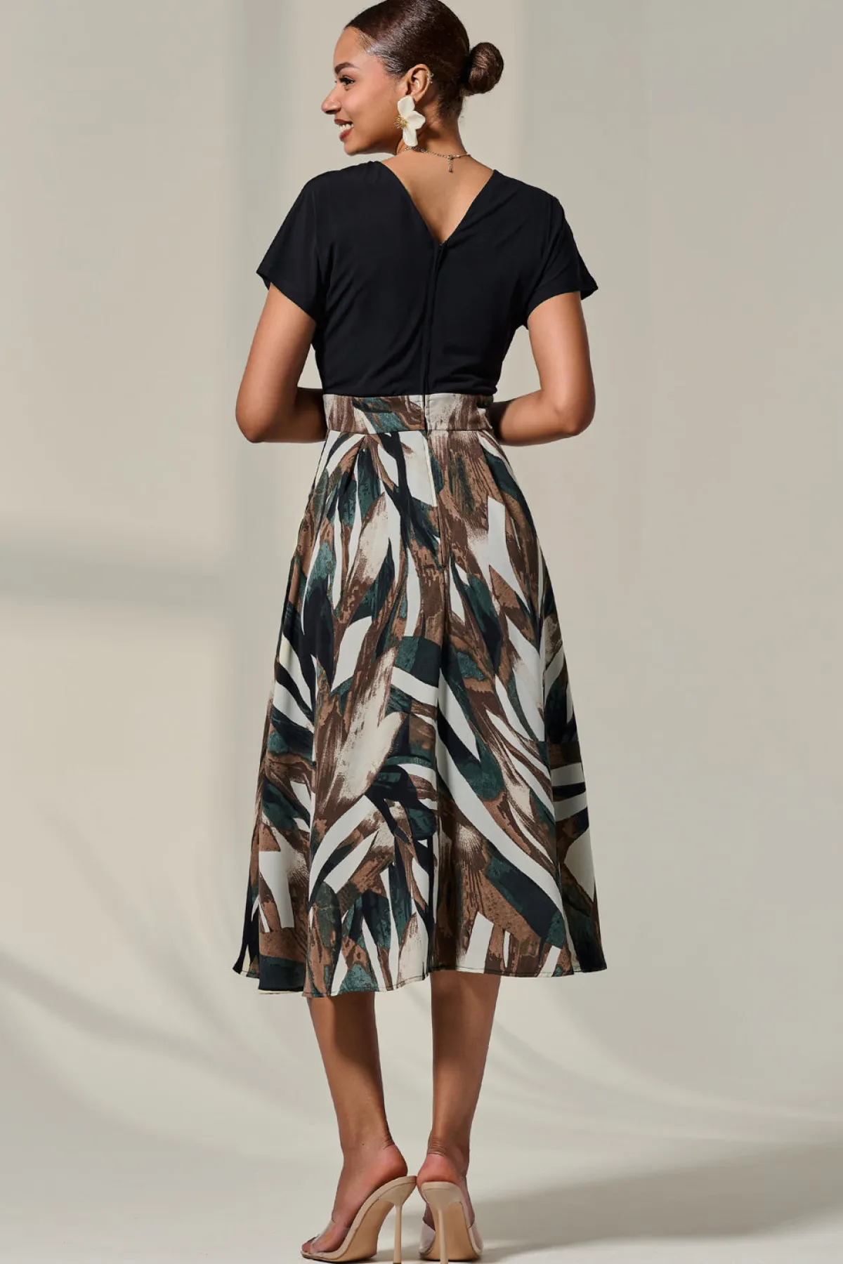 Jolie Moi Occasion Dresses|Wrap Dresses-Short Sleeve Two Tone Midaxi Dress, Black Abstract