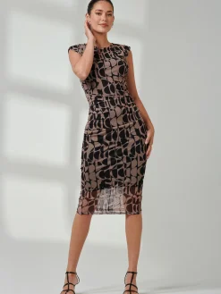 Jolie Moi Occasion Dresses|Sleeveless Dresses-Shoulder Pad Mesh Bodycon Dress, Brown Geo