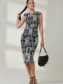 Jolie Moi Occasion Dresses|Sleeveless Dresses-Shoulder Pad Mesh Bodycon Dress, Navy Geo