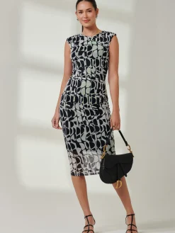 Jolie Moi Occasion Dresses|Sleeveless Dresses-Shoulder Pad Mesh Bodycon Dress, Navy Geo