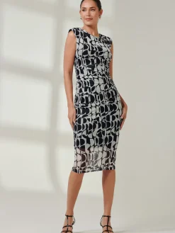 Jolie Moi Occasion Dresses|Sleeveless Dresses-Shoulder Pad Mesh Bodycon Dress, Navy Geo