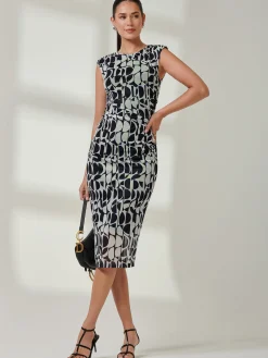Jolie Moi Occasion Dresses|Sleeveless Dresses-Shoulder Pad Mesh Bodycon Dress, Navy Geo