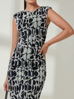 Jolie Moi Occasion Dresses|Sleeveless Dresses-Shoulder Pad Mesh Bodycon Dress, Navy Geo