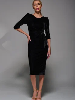 Jolie Moi Occasion Dresses|Velvet Dresses-Side Tie Velvet Bodycon Dress, Black
