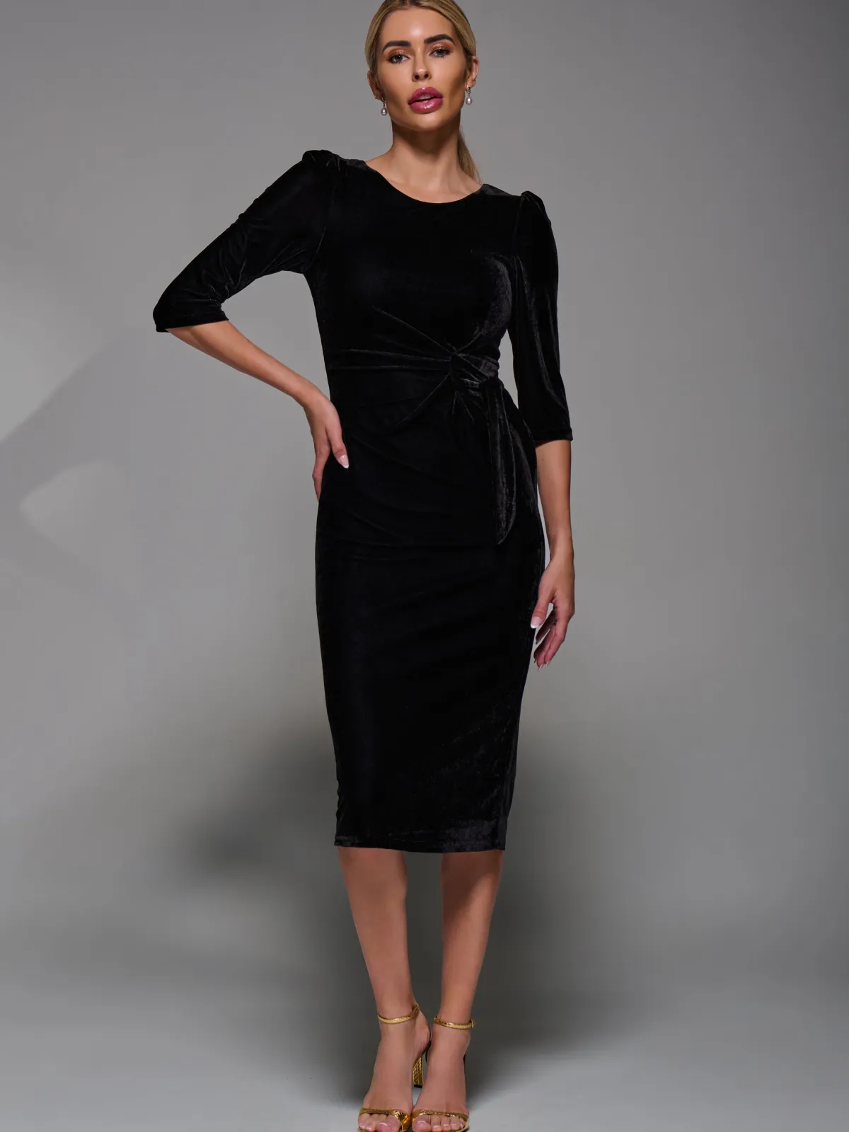 Jolie Moi Occasion Dresses|Velvet Dresses-Side Tie Velvet Bodycon Dress, Black