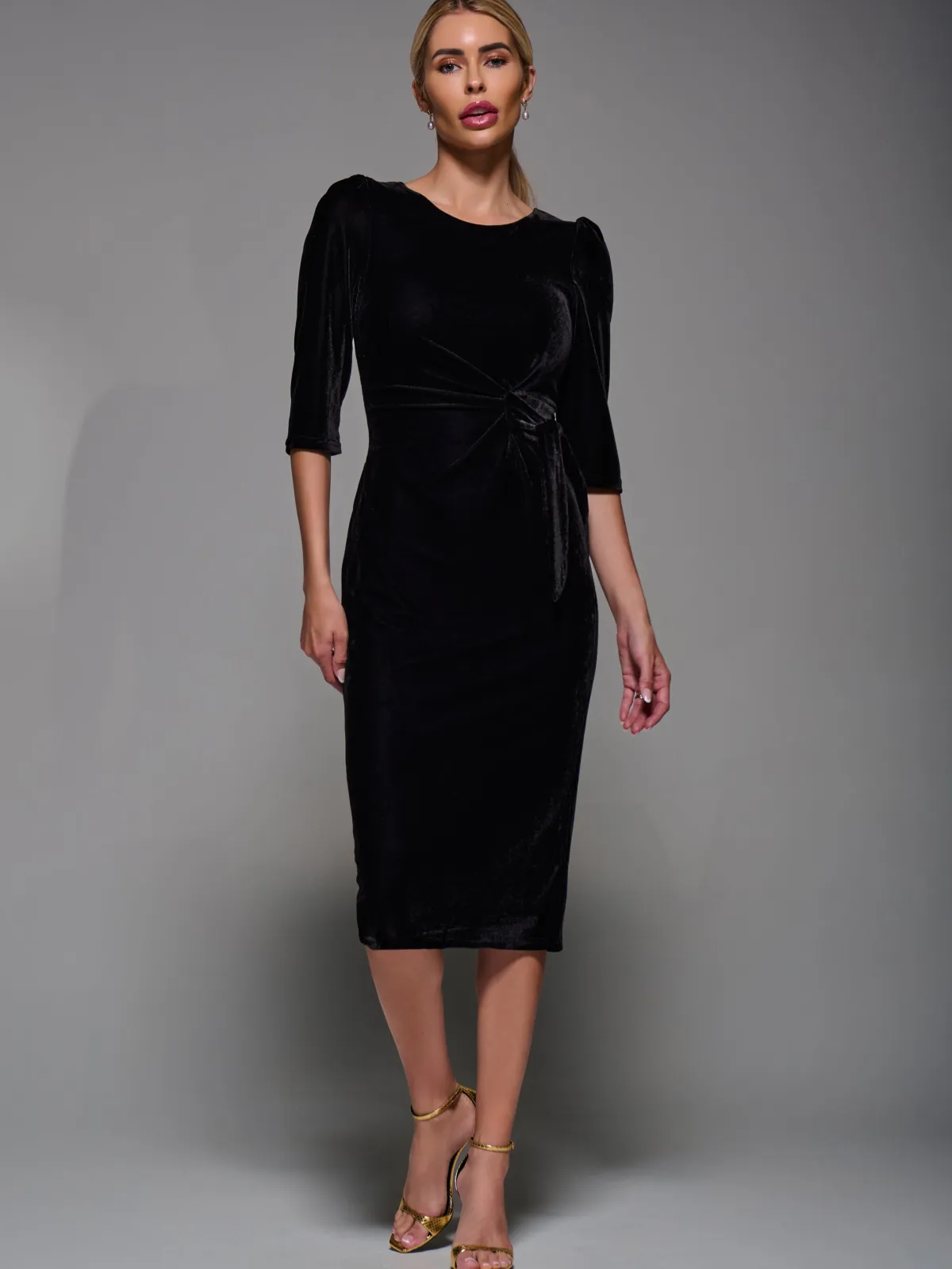Jolie Moi Occasion Dresses|Velvet Dresses-Side Tie Velvet Bodycon Dress, Black
