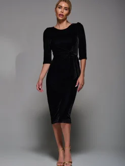 Jolie Moi Occasion Dresses|Velvet Dresses-Side Tie Velvet Bodycon Dress, Black