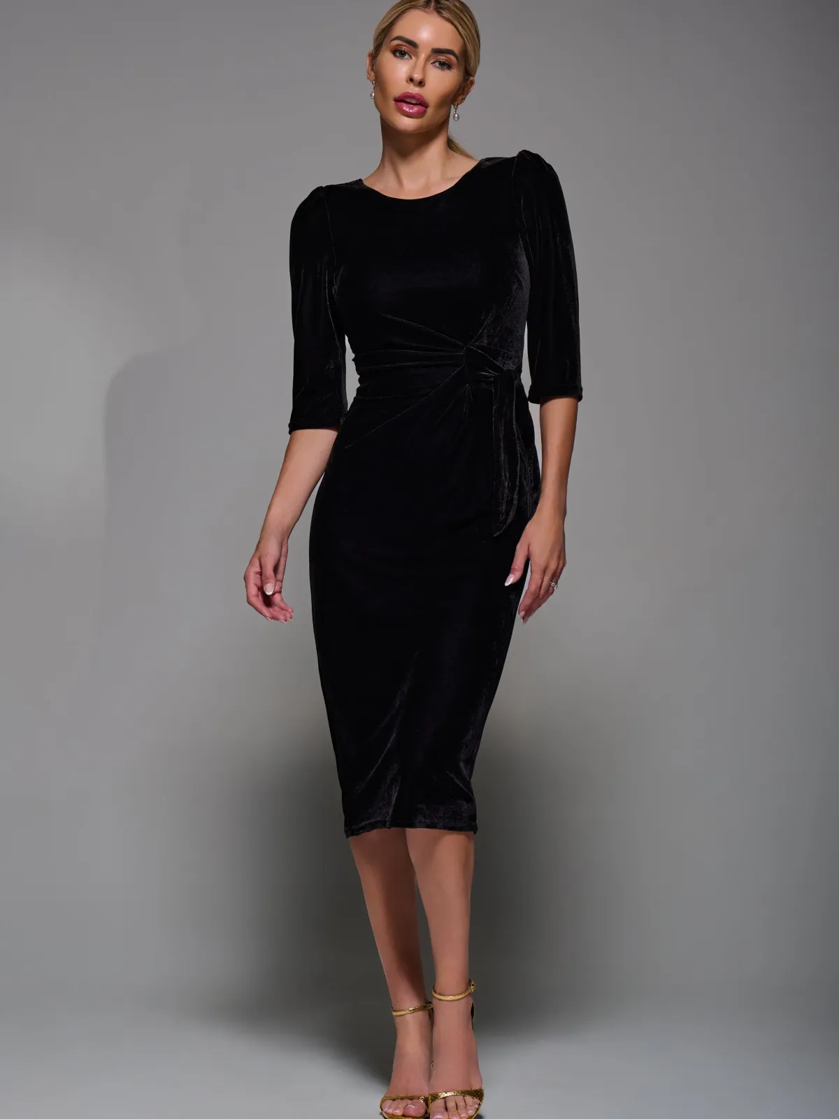 Jolie Moi Occasion Dresses|Velvet Dresses-Side Tie Velvet Bodycon Dress, Black