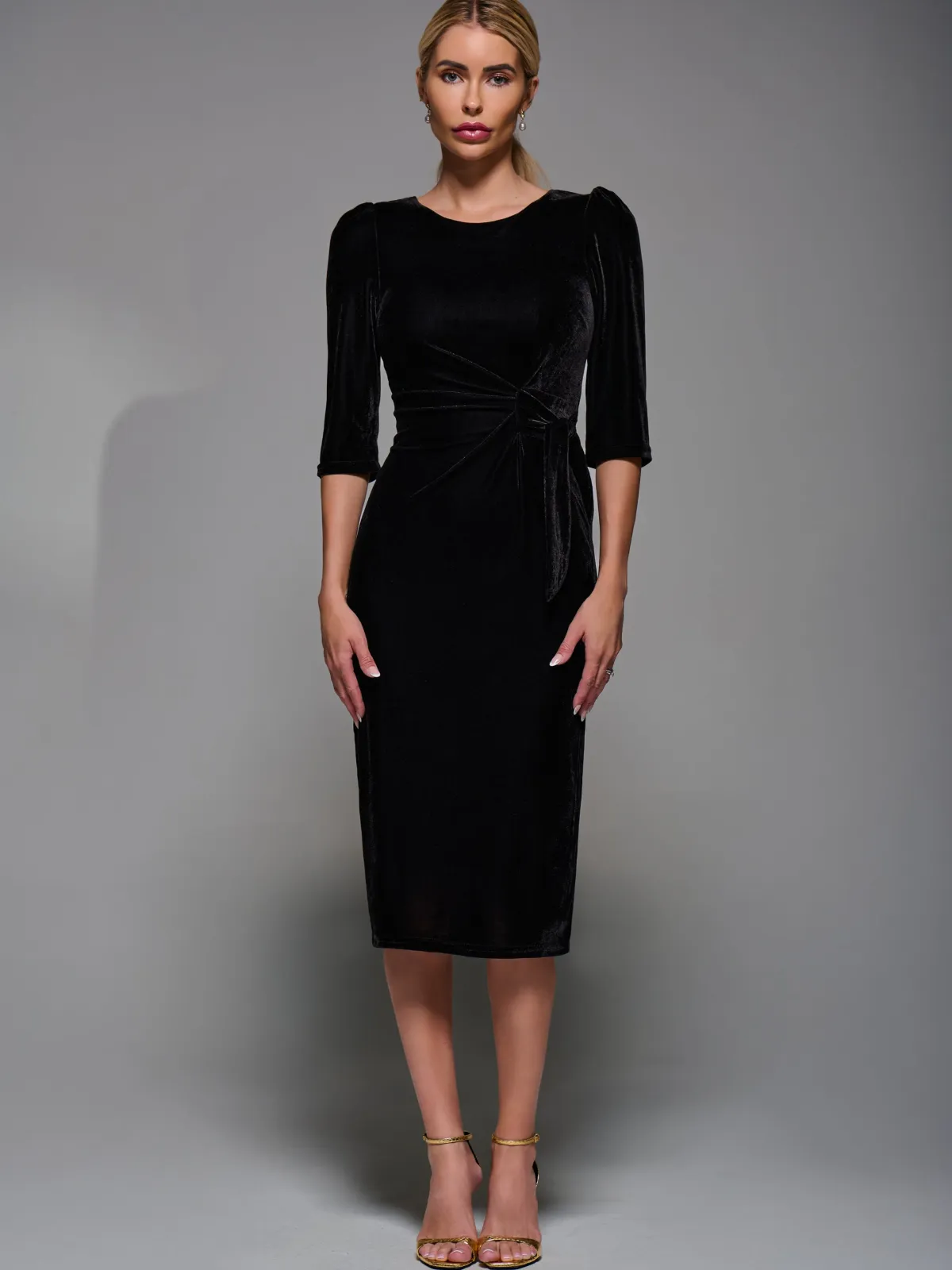 Jolie Moi Occasion Dresses|Velvet Dresses-Side Tie Velvet Bodycon Dress, Black