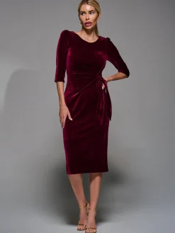 Jolie Moi Occasion Dresses|Velvet Dresses-Side Tie Velvet Bodycon Dress, Burgundy