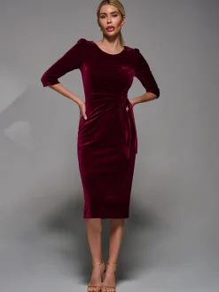 Jolie Moi Occasion Dresses|Velvet Dresses-Side Tie Velvet Bodycon Dress, Burgundy