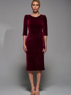 Jolie Moi Occasion Dresses|Velvet Dresses-Side Tie Velvet Bodycon Dress, Burgundy