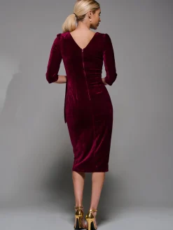 Jolie Moi Occasion Dresses|Velvet Dresses-Side Tie Velvet Bodycon Dress, Burgundy