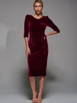 Jolie Moi Occasion Dresses|Velvet Dresses-Side Tie Velvet Bodycon Dress, Burgundy