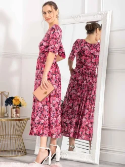 Jolie Moi Occasion Dresses|Floral Dresses-Sienna 3/4 Sleeve Maxi Dress, Floral Multi