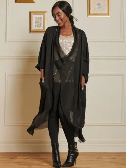 Jolie Moi Made In Italy-Silk Trim Tunic Maxi Dress, Black