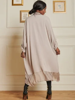 Jolie Moi Made In Italy-Silk Trim Wrap Tunic Maxi Dress, Taupe