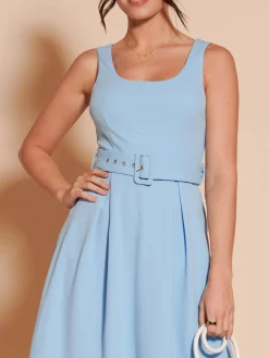 Jolie Moi Occasion Dresses|Sleeveless Dresses-1950's Inspired Belted Swing Dress, Blue