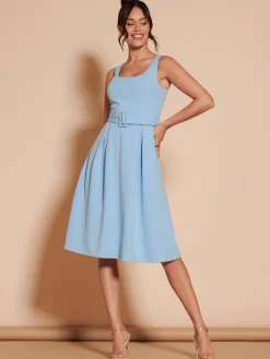 Jolie Moi Occasion Dresses|Sleeveless Dresses-1950's Inspired Belted Swing Dress, Blue