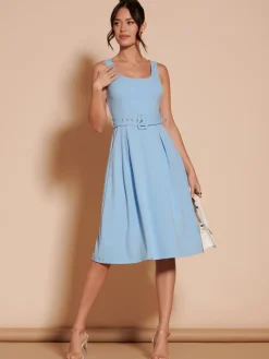 Jolie Moi Occasion Dresses|Sleeveless Dresses-1950's Inspired Belted Swing Dress, Blue