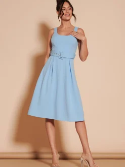 Jolie Moi Occasion Dresses|Sleeveless Dresses-1950's Inspired Belted Swing Dress, Blue