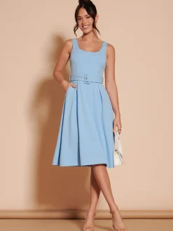 Jolie Moi Occasion Dresses|Sleeveless Dresses-1950's Inspired Belted Swing Dress, Blue