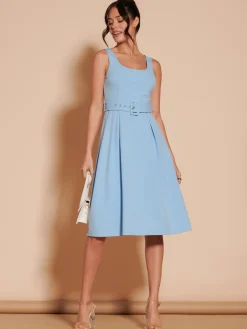 Jolie Moi Occasion Dresses|Sleeveless Dresses-1950's Inspired Belted Swing Dress, Blue