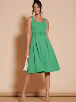 Jolie Moi Occasion Dresses|Sleeveless Dresses-1950's Inspired Belted Swing Dress, Green