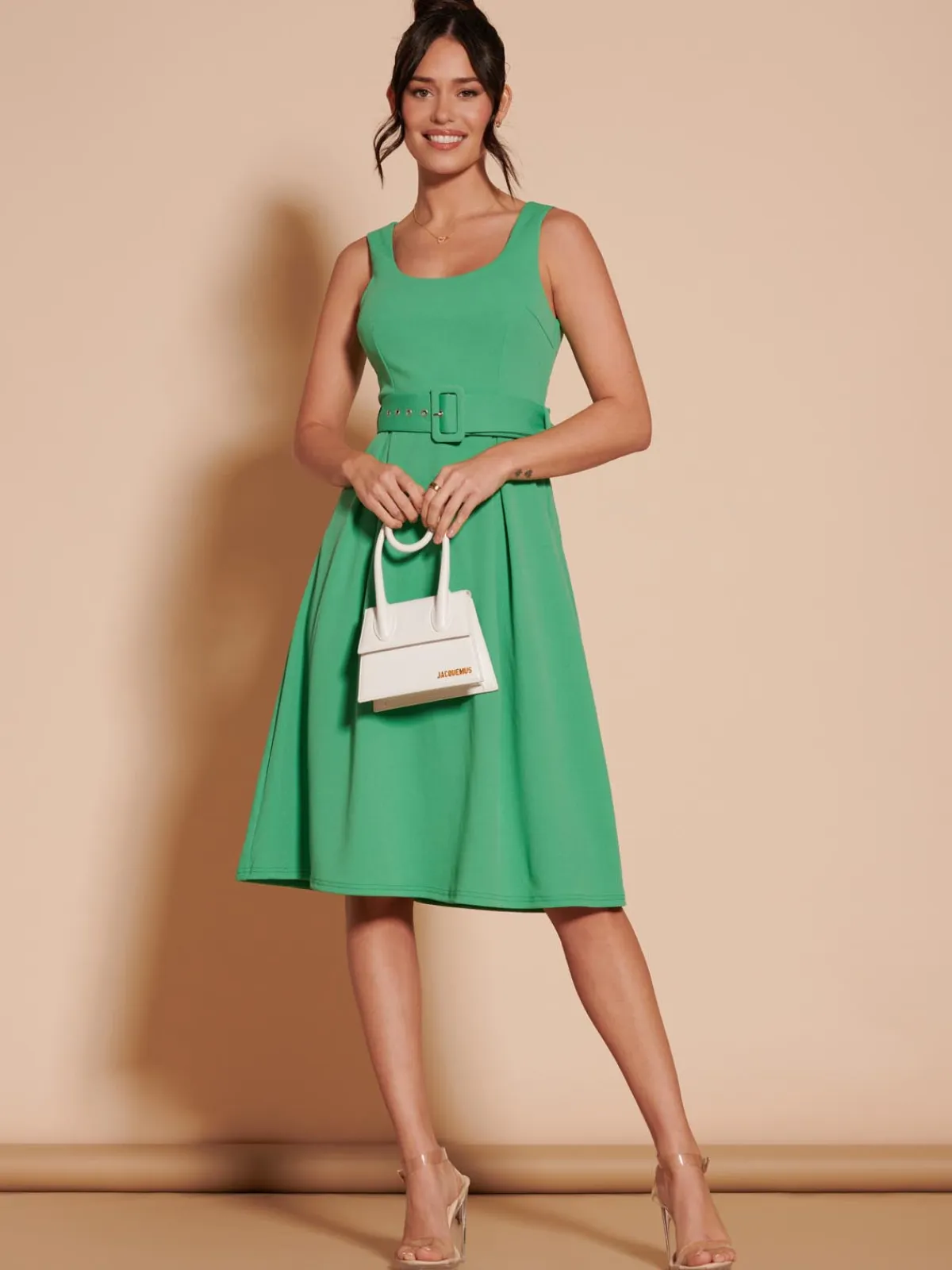 Jolie Moi Occasion Dresses|Sleeveless Dresses-1950's Inspired Belted Swing Dress, Green