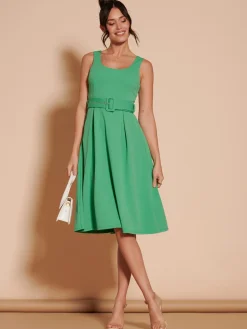 Jolie Moi Occasion Dresses|Sleeveless Dresses-1950's Inspired Belted Swing Dress, Green