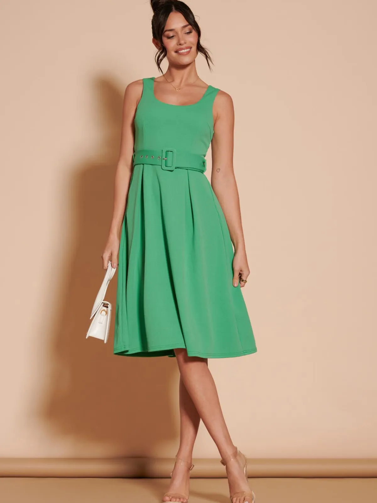 Jolie Moi Occasion Dresses|Sleeveless Dresses-1950's Inspired Belted Swing Dress, Green