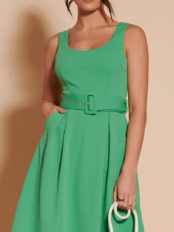 Jolie Moi Occasion Dresses|Sleeveless Dresses-1950's Inspired Belted Swing Dress, Green