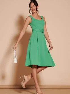 Jolie Moi Occasion Dresses|Sleeveless Dresses-1950's Inspired Belted Swing Dress, Green