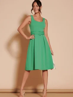 Jolie Moi Occasion Dresses|Sleeveless Dresses-1950's Inspired Belted Swing Dress, Green