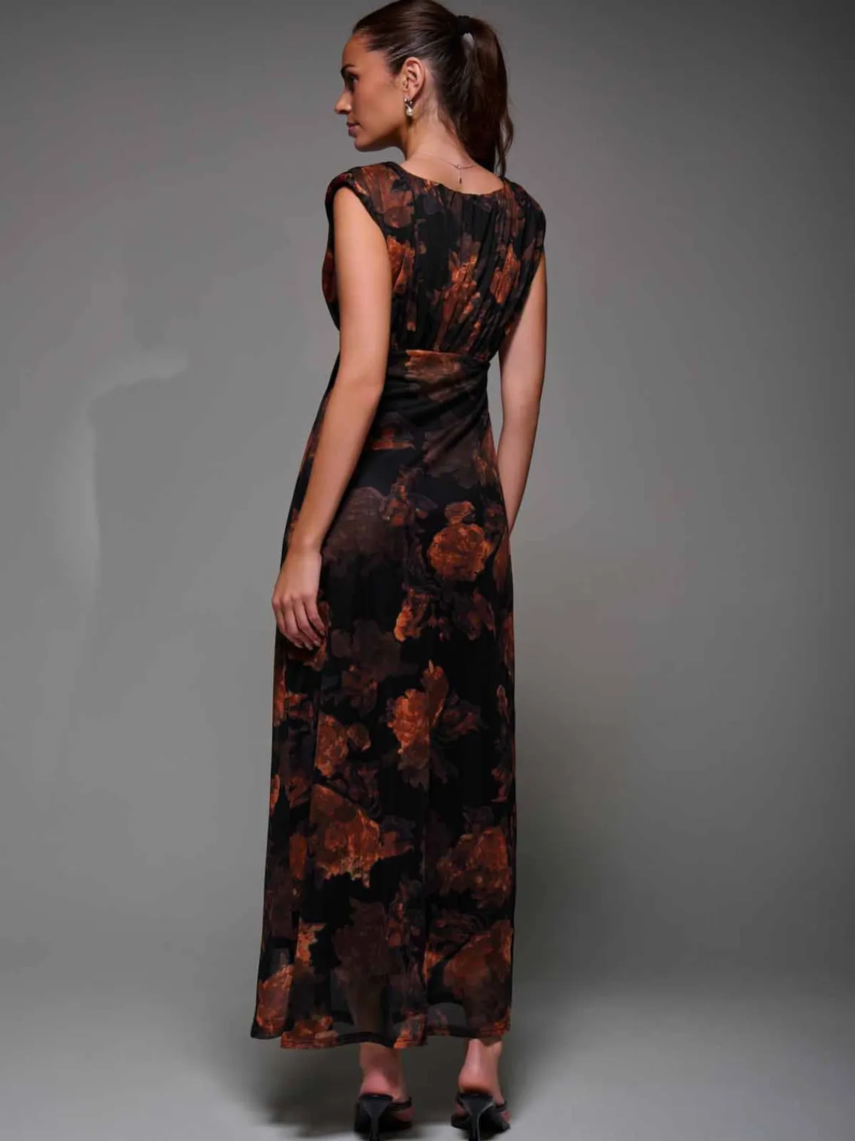 Jolie Moi Occasion Dresses|Sleeveless Dresses-Slash Neck Fit & Flare Mesh Maxi Dress, Amber Abstract
