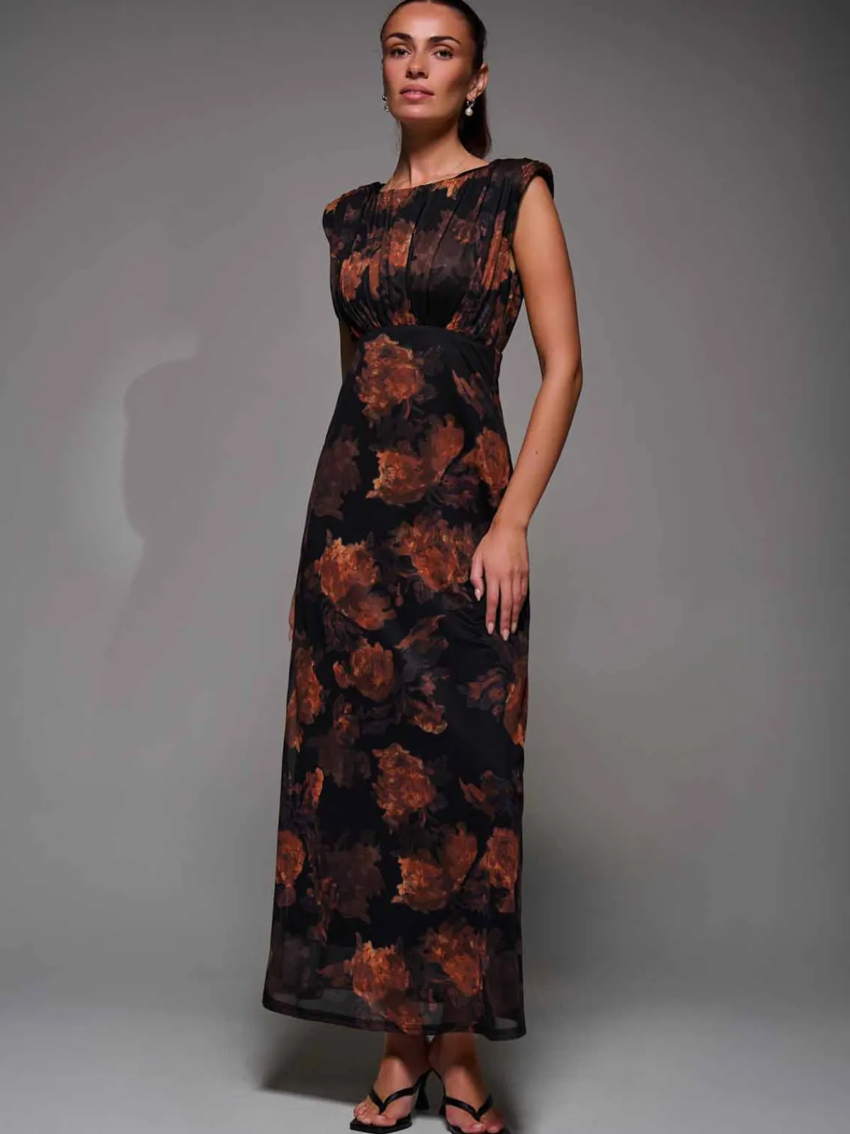 Jolie Moi Occasion Dresses|Sleeveless Dresses-Slash Neck Fit & Flare Mesh Maxi Dress, Amber Abstract
