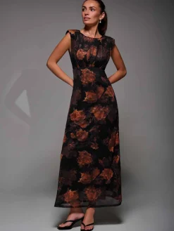 Jolie Moi Occasion Dresses|Sleeveless Dresses-Slash Neck Fit & Flare Mesh Maxi Dress, Amber Abstract