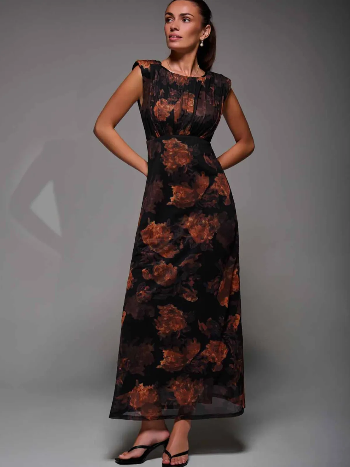 Jolie Moi Occasion Dresses|Sleeveless Dresses-Slash Neck Fit & Flare Mesh Maxi Dress, Amber Abstract