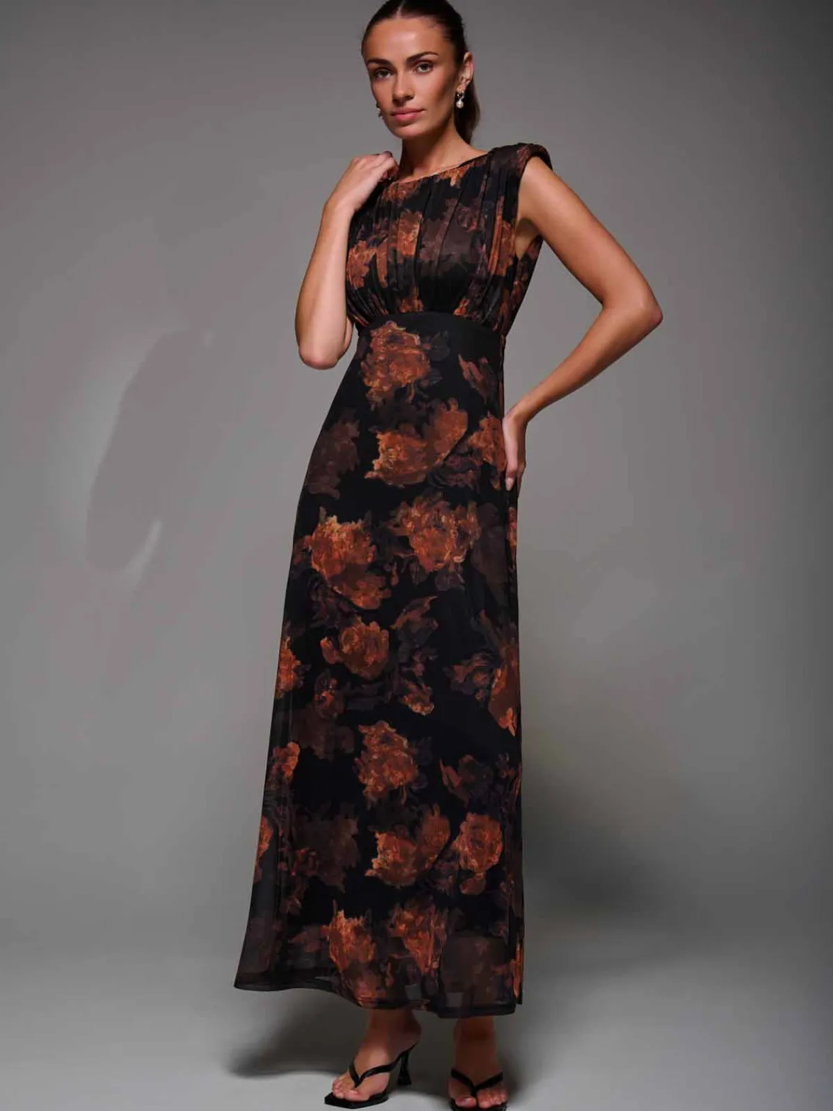 Jolie Moi Occasion Dresses|Sleeveless Dresses-Slash Neck Fit & Flare Mesh Maxi Dress, Amber Abstract
