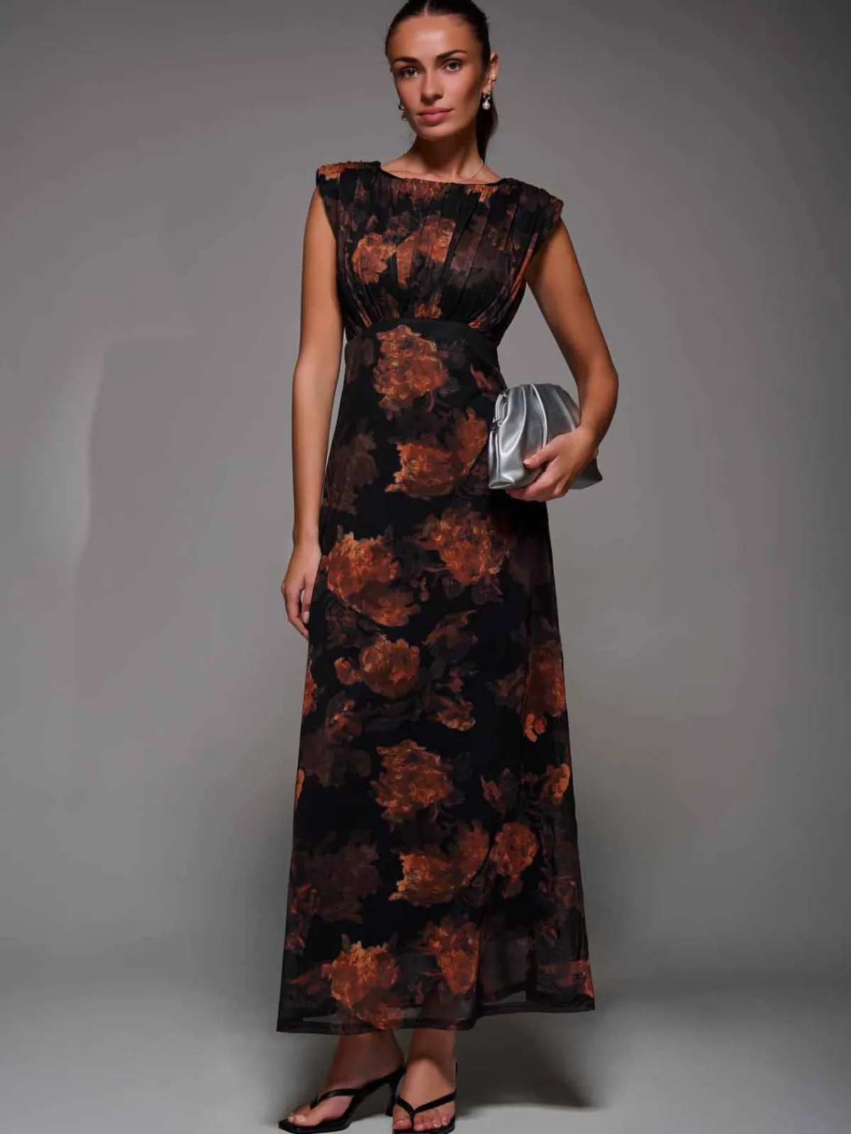 Jolie Moi Occasion Dresses|Sleeveless Dresses-Slash Neck Fit & Flare Mesh Maxi Dress, Amber Abstract
