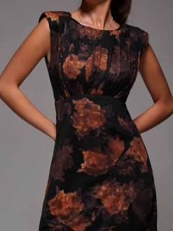 Jolie Moi Occasion Dresses|Sleeveless Dresses-Slash Neck Fit & Flare Mesh Maxi Dress, Amber Abstract